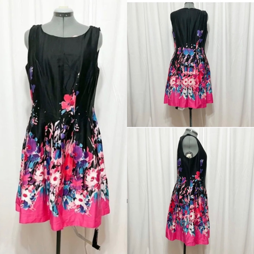 CHETTA B Sz 14 Black in  Bright Floral Print  Sleeveless Pleated Lined Dress